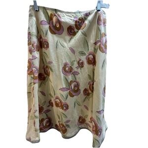 J.Jill Tencel Bias Cut A-Line Yellow Floral Lined Skirt 10T Knee Length Side Zip